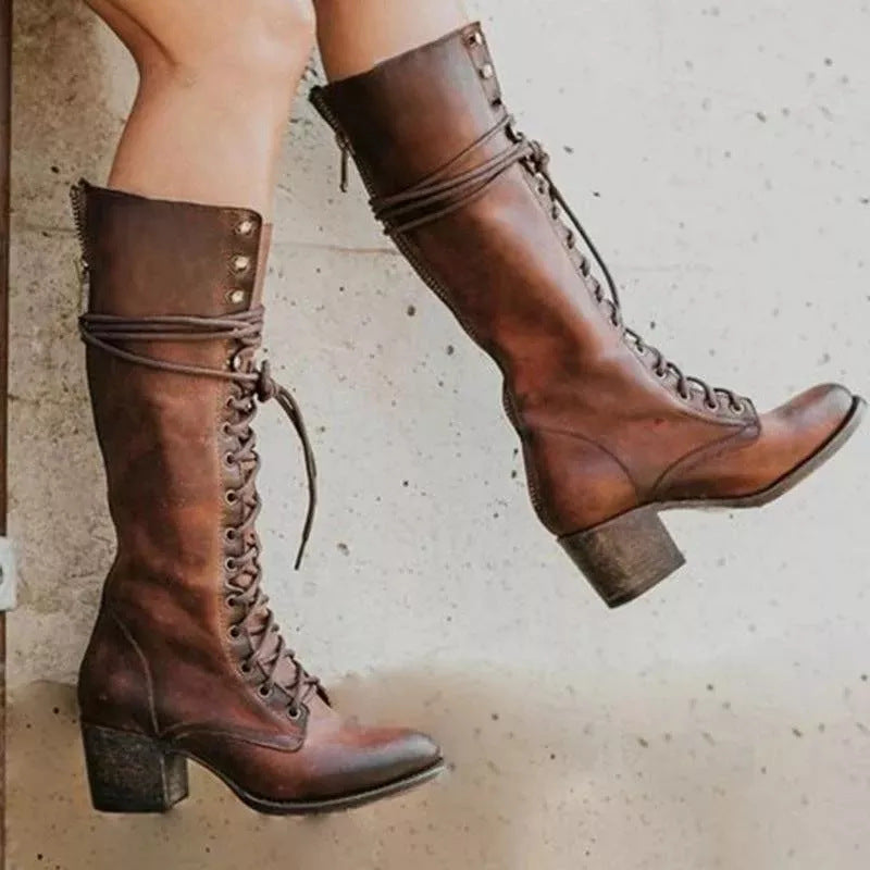 Lace-Up Front Knee-High Boots for Women with Chunky Heel