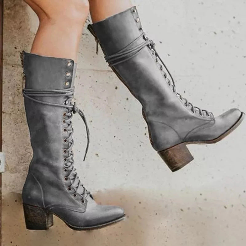 Lace-Up Front Knee-High Boots for Women with Chunky Heel