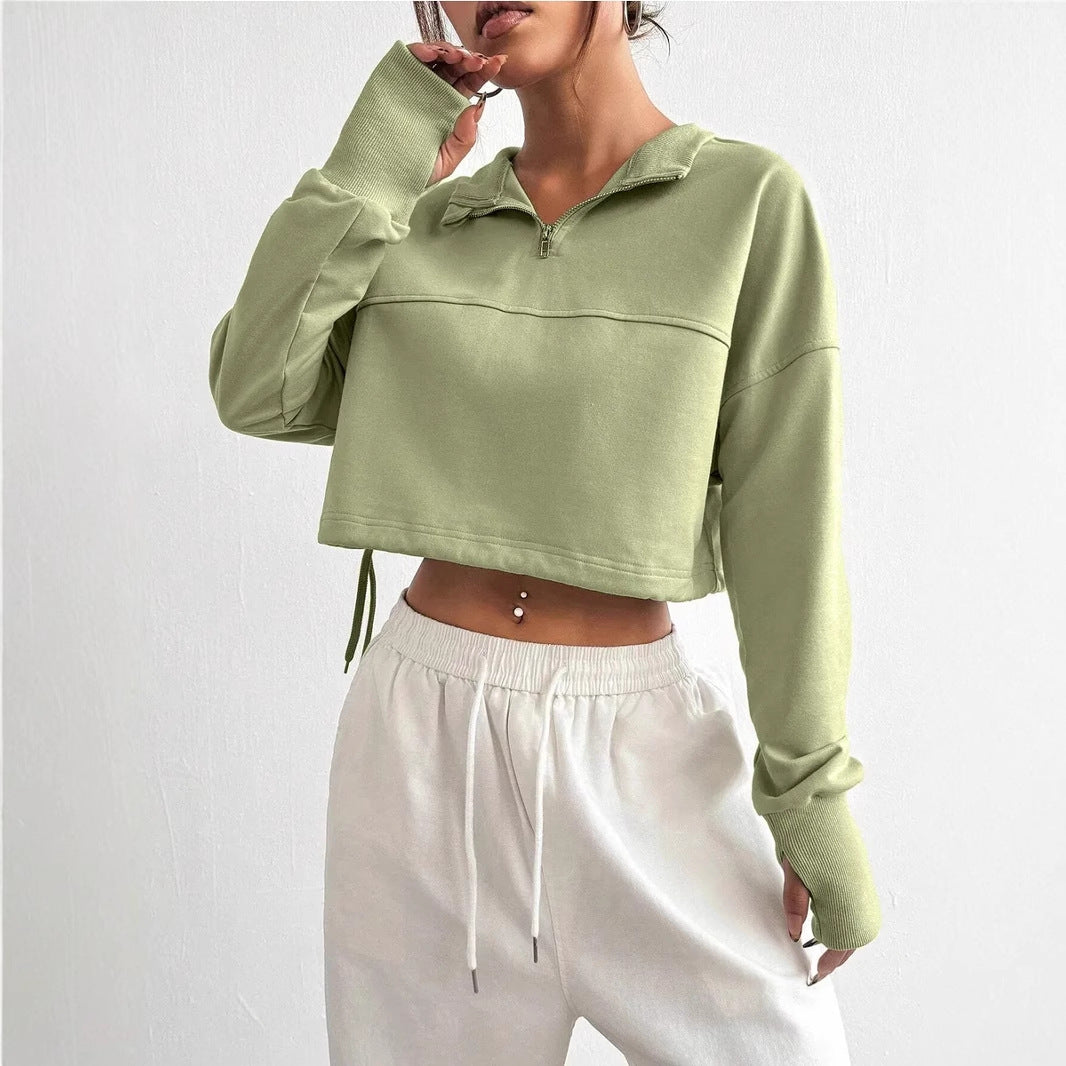 Women's Cropped Zip-Neck Sweatshirt with Balloon Sleeves