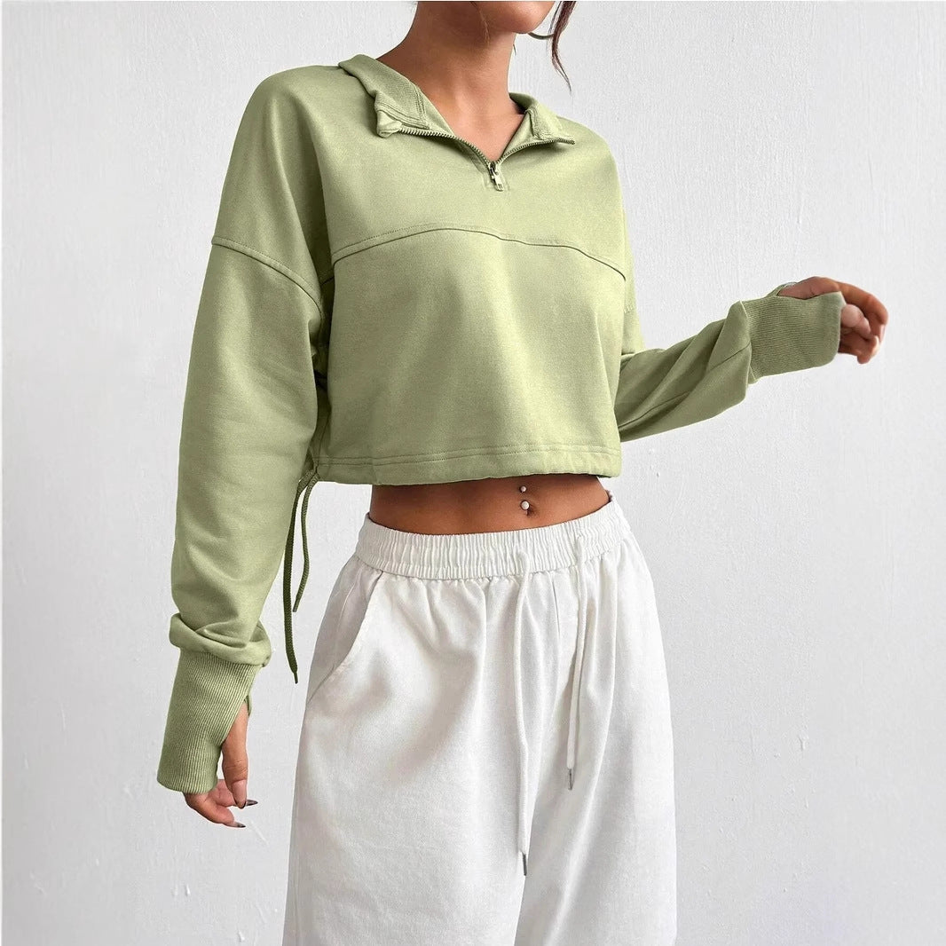 Women's Cropped Zip-Neck Sweatshirt with Balloon Sleeves