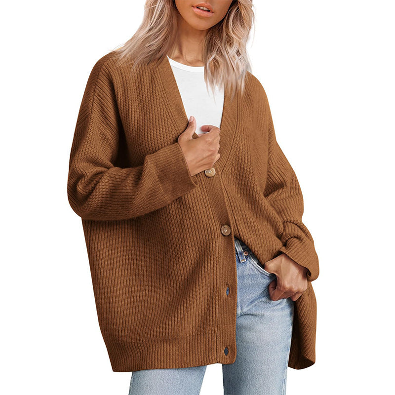 Relaxed Fit Striped Knit Cardigan for Women with Button-Up Closure