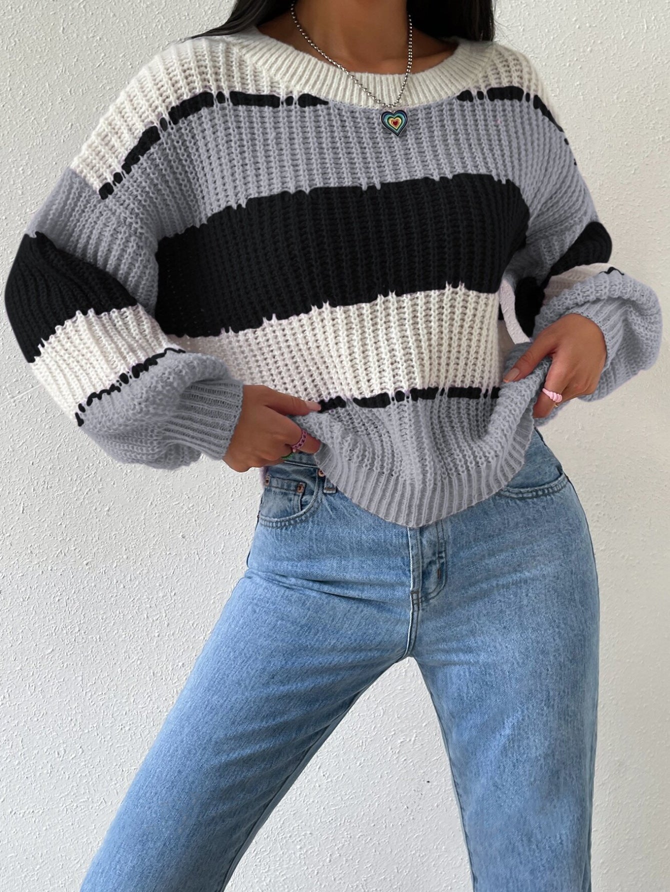 Striped Knit Jumper for Women with Crew Neck and Long Sleeves
