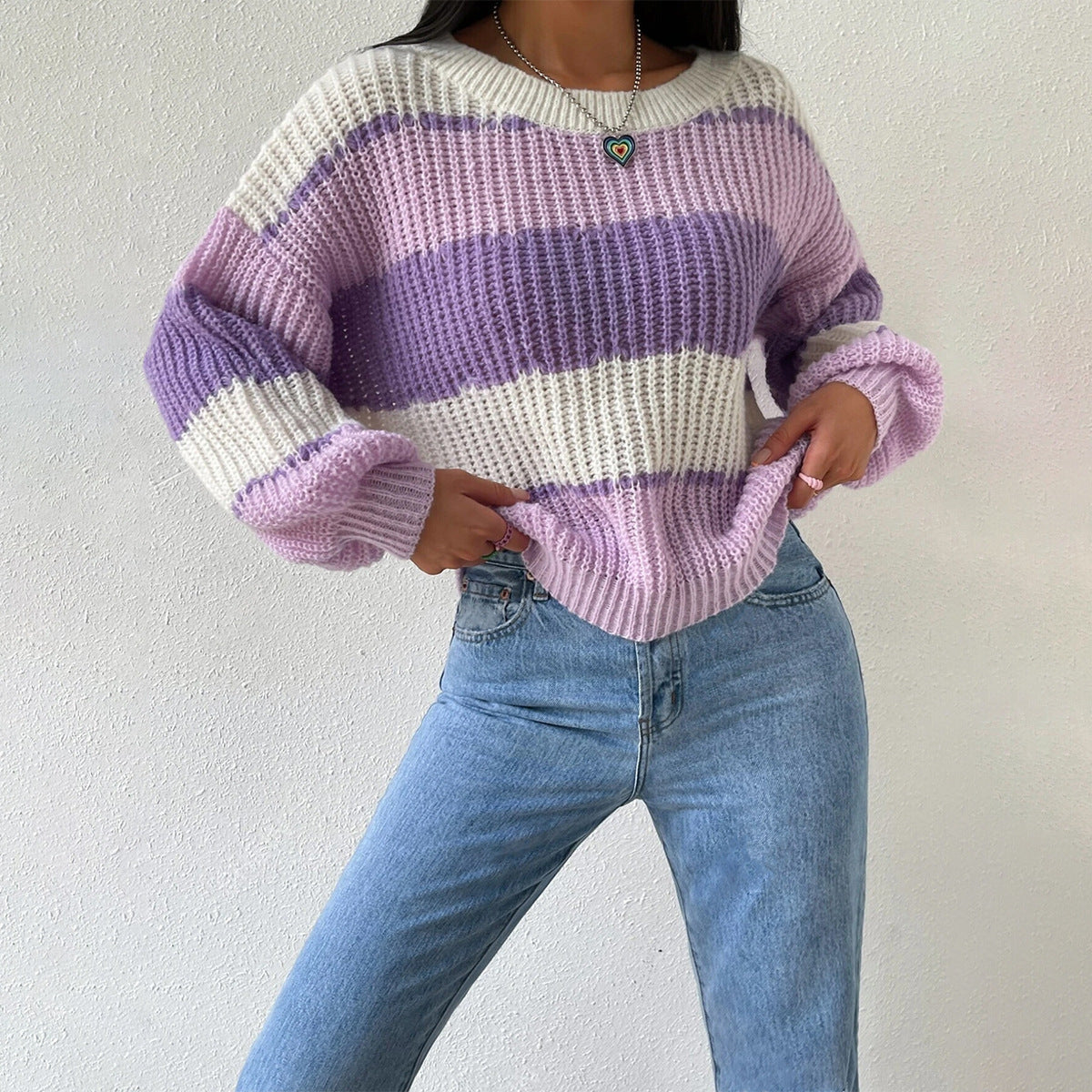 Striped Knit Jumper for Women with Crew Neck and Long Sleeves