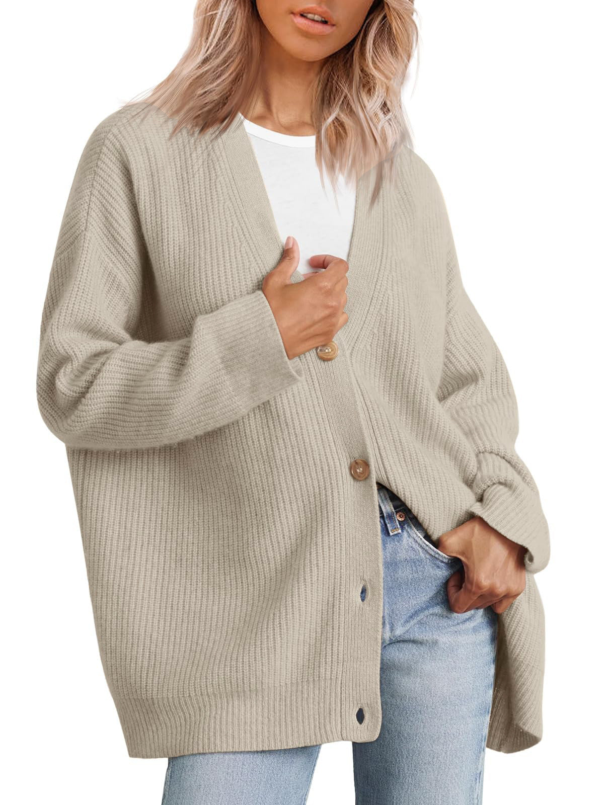 Relaxed Fit Striped Knit Cardigan for Women with Button-Up Closure