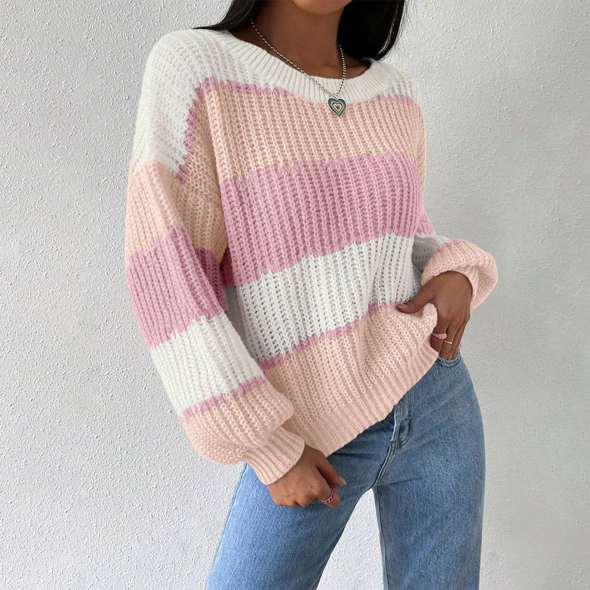 Striped Knit Jumper for Women with Crew Neck and Long Sleeves