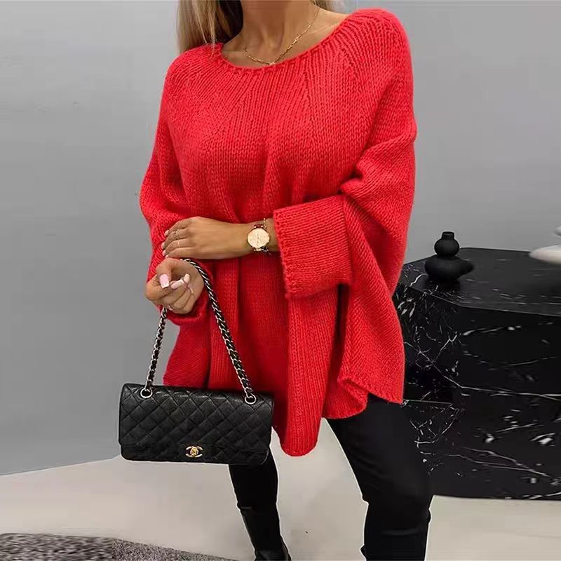 Relaxed Fit Oversized Knit Sweater for Women with Batwing Sleeves