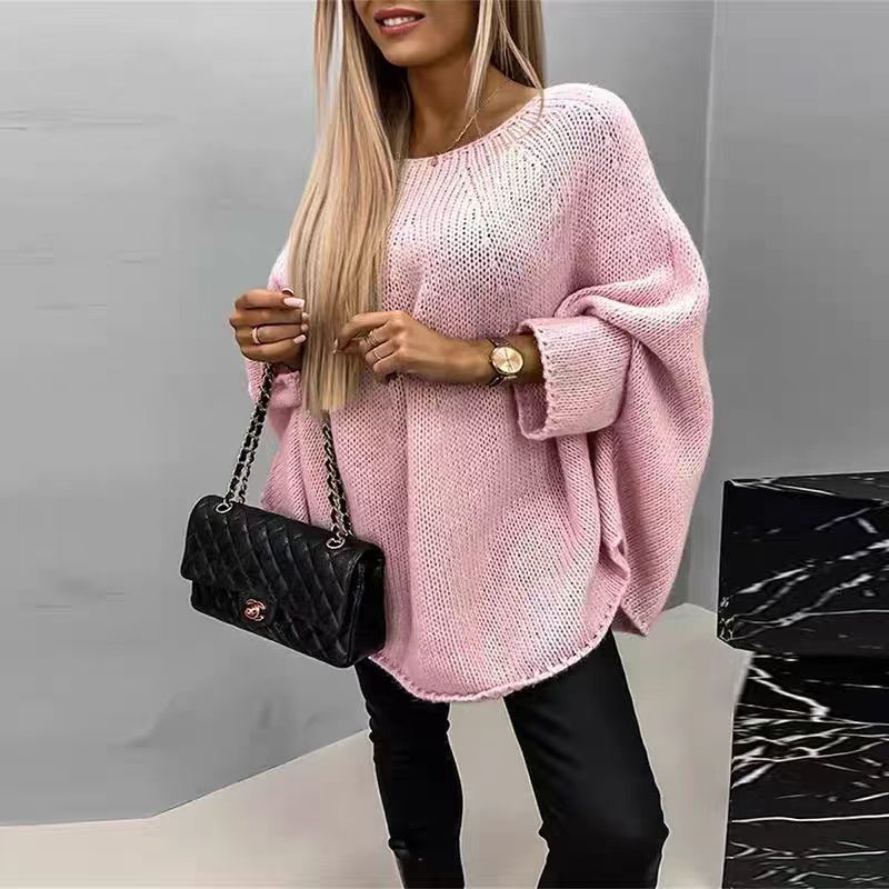 Relaxed Fit Oversized Knit Sweater for Women with Batwing Sleeves