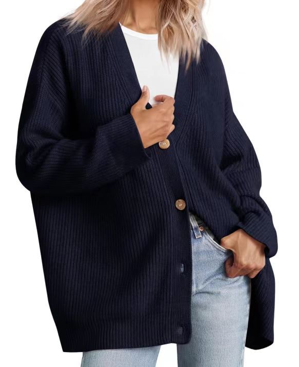 Relaxed Fit Striped Knit Cardigan for Women with Button-Up Closure