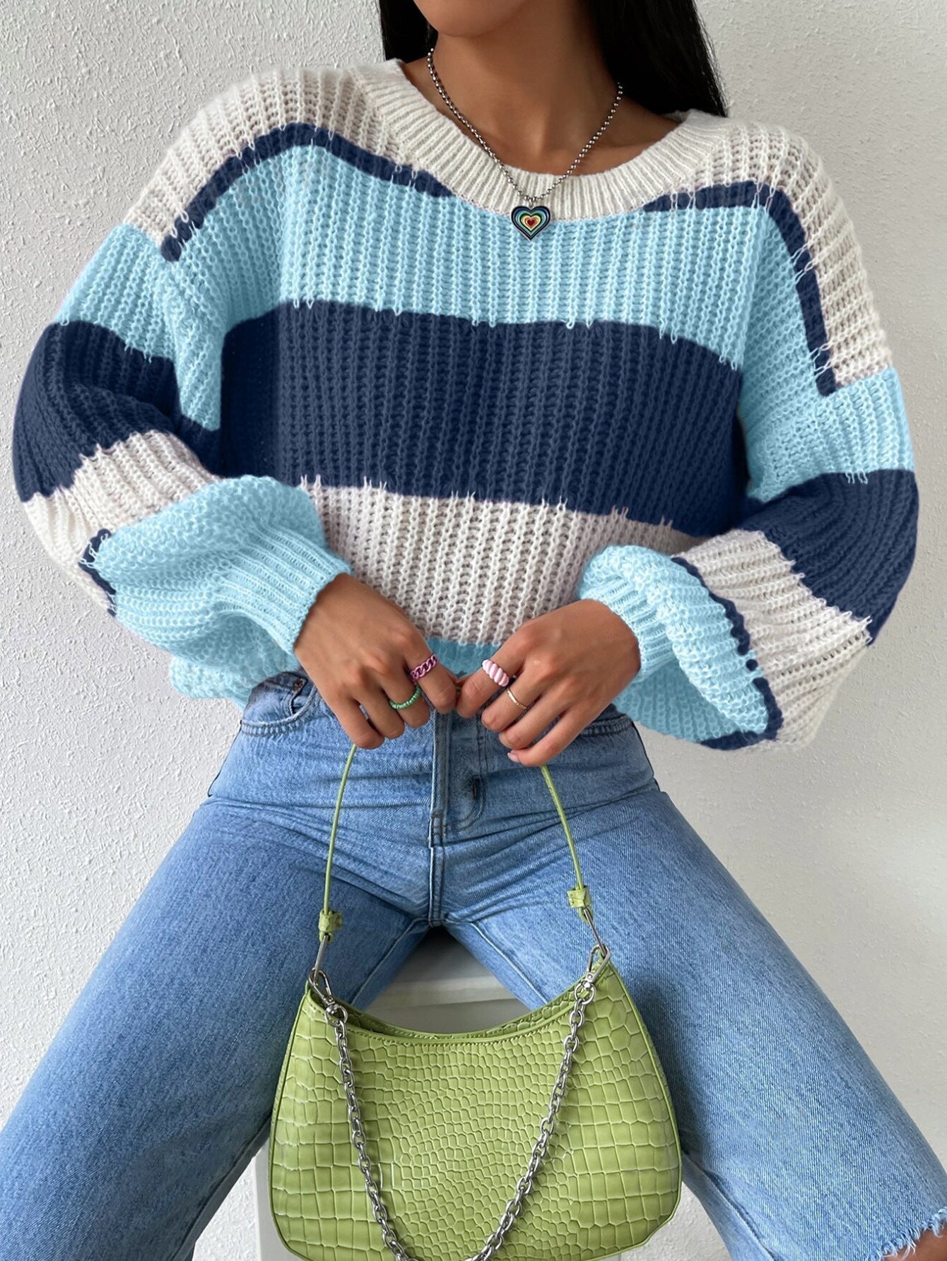 Striped Knit Jumper for Women with Crew Neck and Long Sleeves