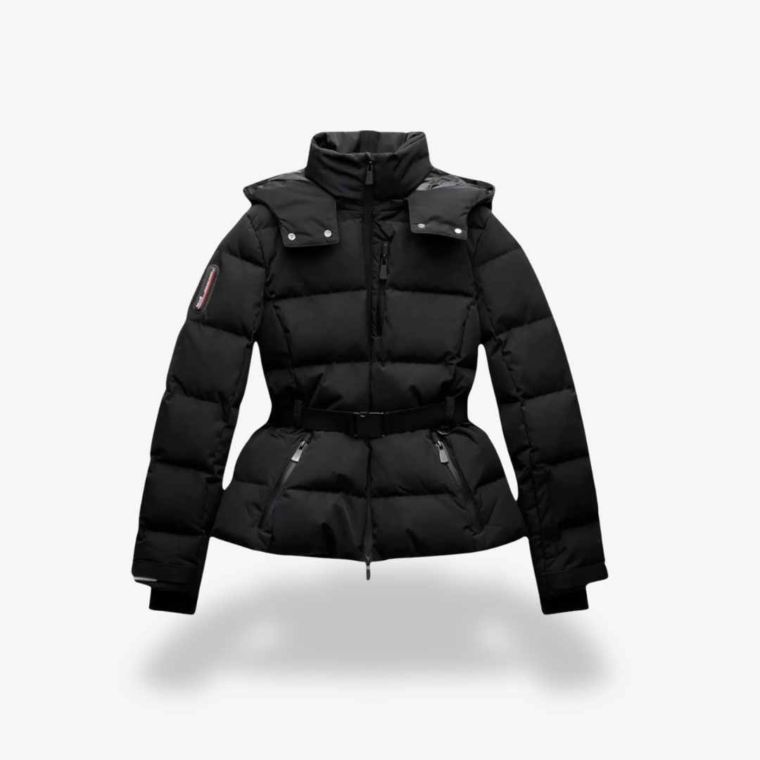 Women's Black Waterproof Puffer Jacket with Belt and High Collar