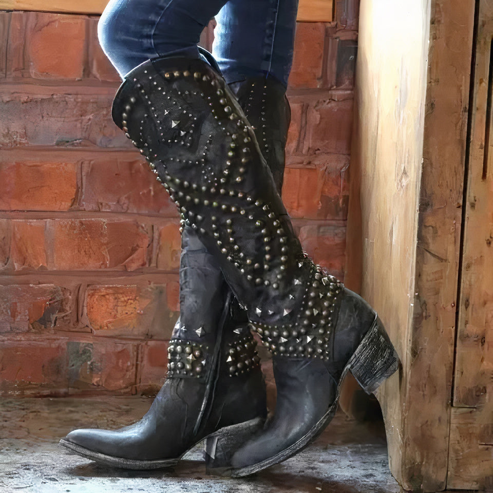 Women's Knee-High Cowboy Boots with Rivet Accents, Chunky Heel, and Side Zipper