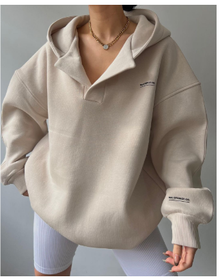 Women's Loose-Fit Pullover Hoodie Featuring an Open V-Neck Collar
