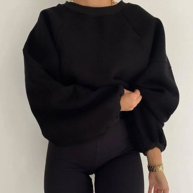 Women's Relaxed Fit Sweater with Round Neck and Long Balloon Sleeves