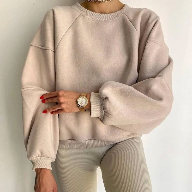Women's Relaxed Fit Sweater with Round Neck and Long Balloon Sleeves
