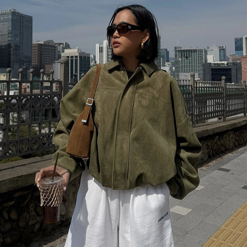 Lapel-Collared Cropped Bomber Jacket for Women with Zip Closure