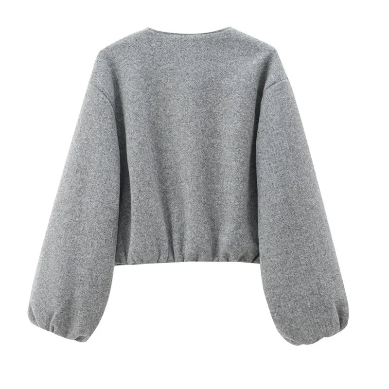 Women's Long Sleeve Cropped Bomber Jacket with Front Zip