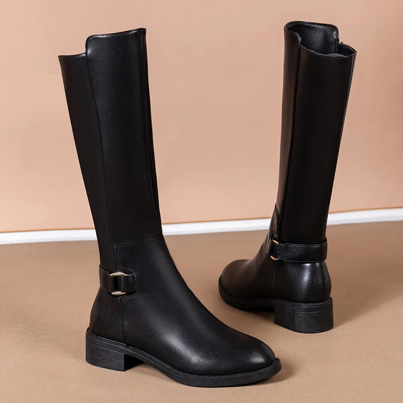 Women's Black Knee-High Boots Featuring Metal Buckle and Side Zipper