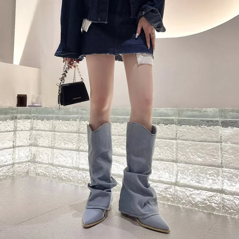 Women's Pleated Western Knee-High Boots with Pointed Toe and Heels