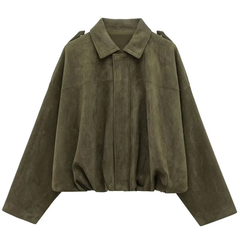 Lapel-Collared Cropped Bomber Jacket for Women with Zip Closure