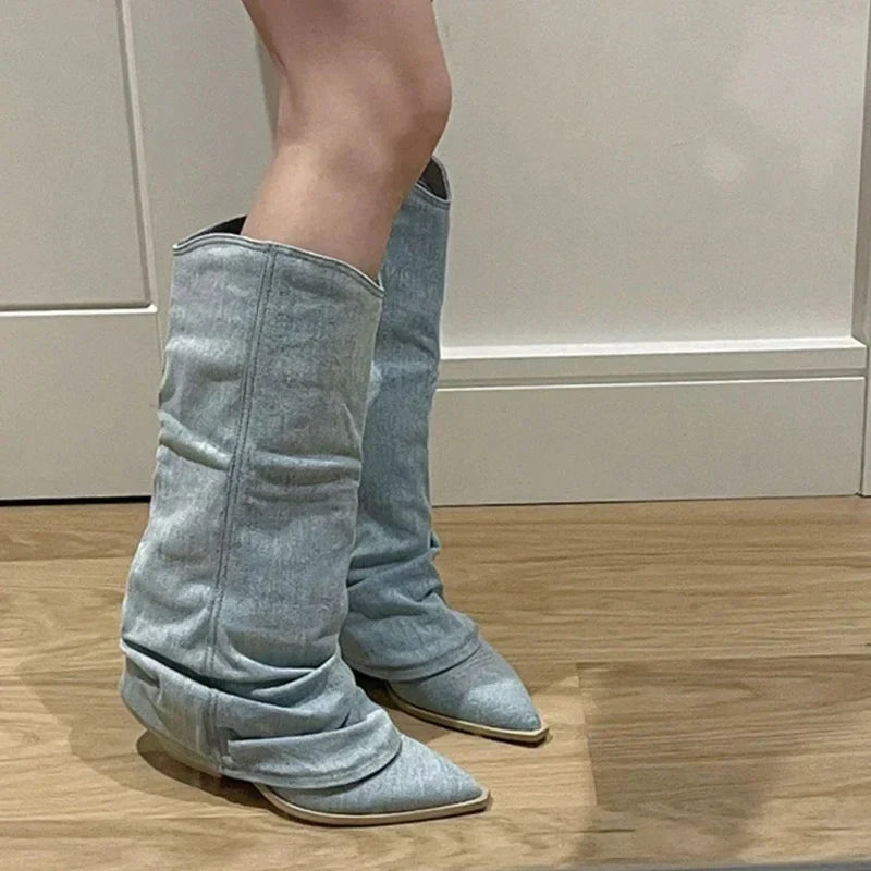 Women's Pleated Western Knee-High Boots with Pointed Toe and Heels