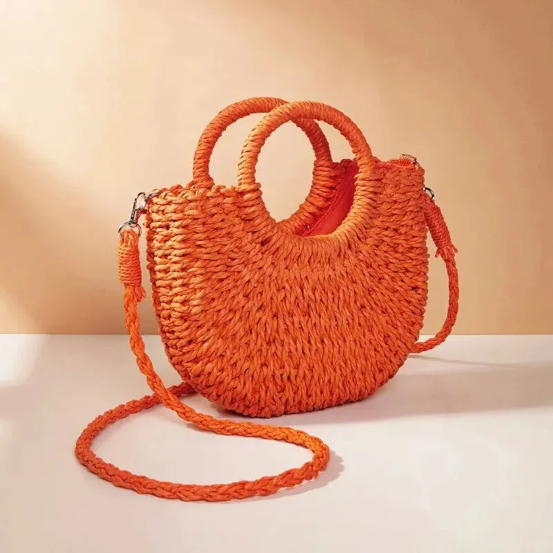 Half-Moon Shaped Women's Straw Crossbody Bag with Top Handles