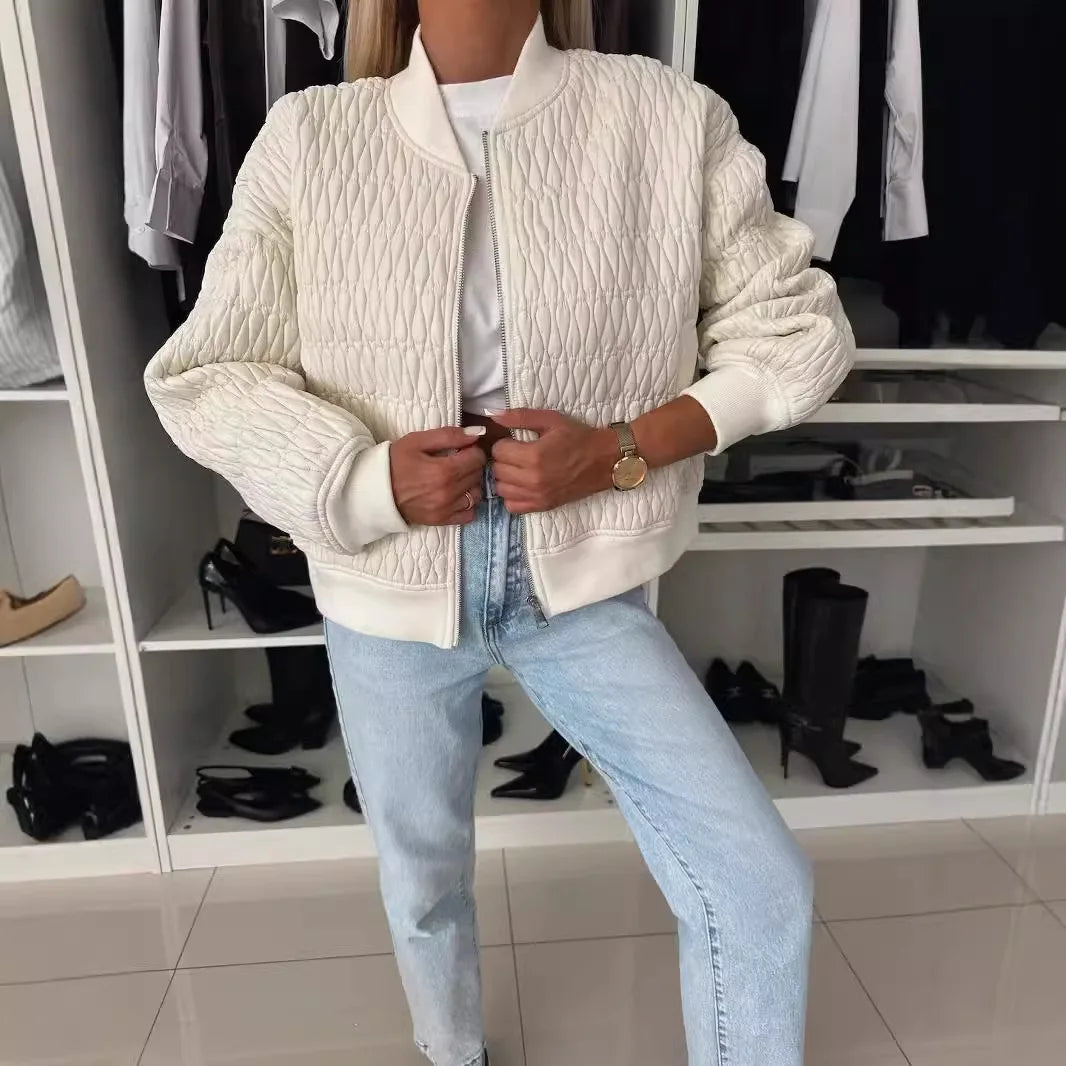 Women's Zip-Front Quilted Bomber Jacket with Ribbed Details