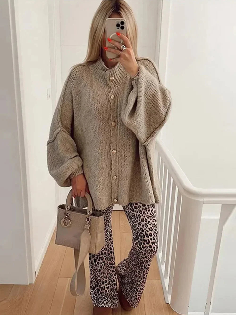 Lapel Bat Sleeve Cardigan for Women with Metal Button Accents