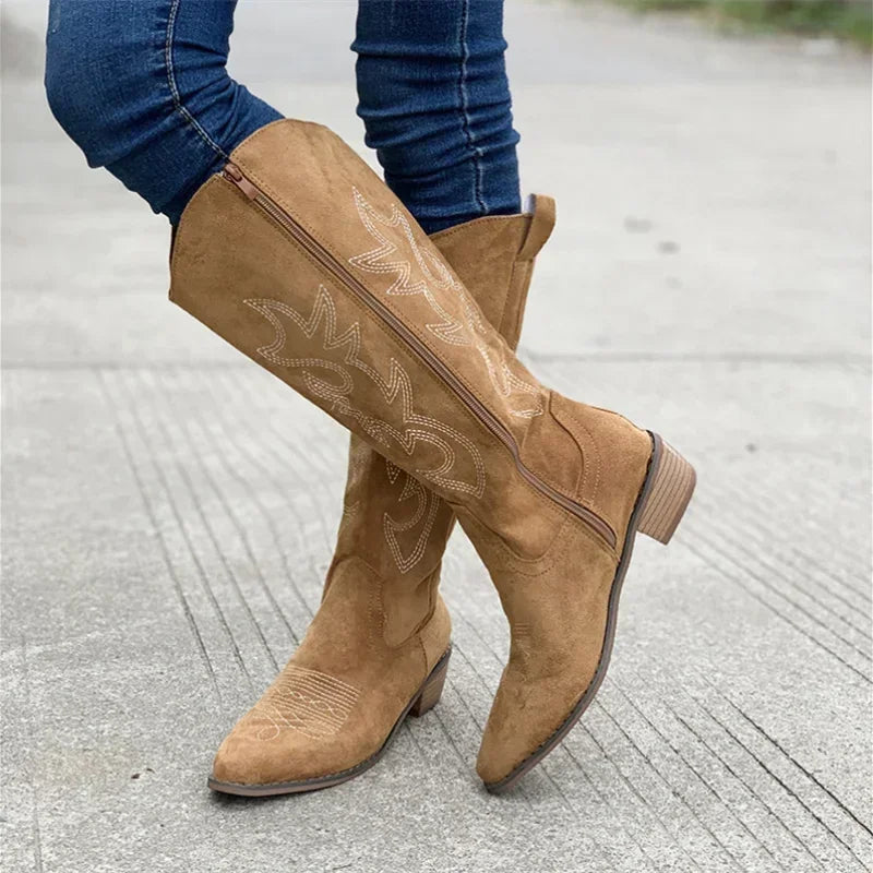 Embroidered Women's Knee-High Cowboy Boots with Chunky Heel