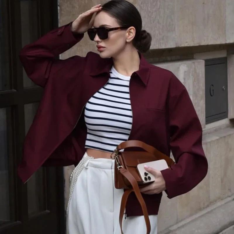Modern Tailored Fit Long Sleeve Cropped Bomber Jacket for Women