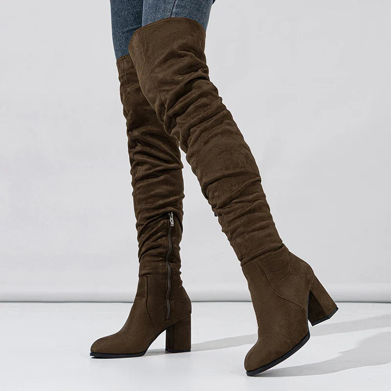 Pointed Toe Slouch Block Heel Knee High Boots for Women