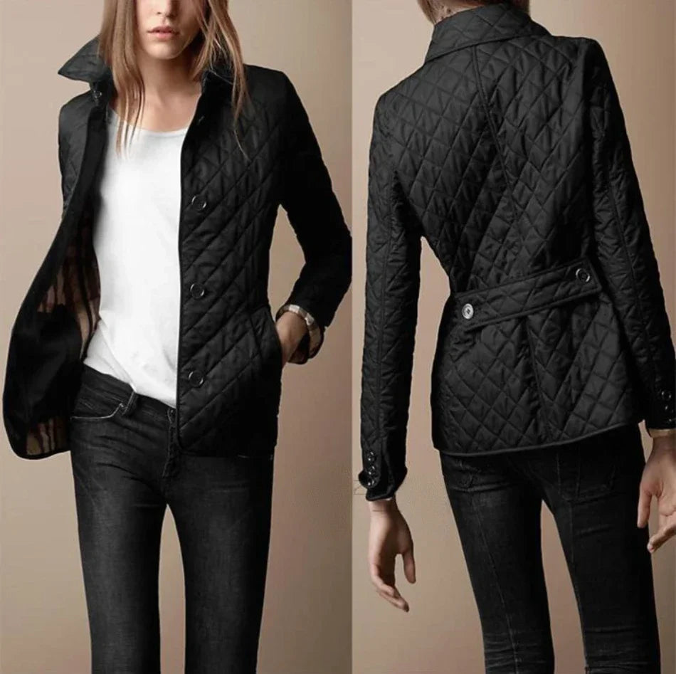 Women's Quilted Bomber Jacket with Button Closure and Foldable Cuffs