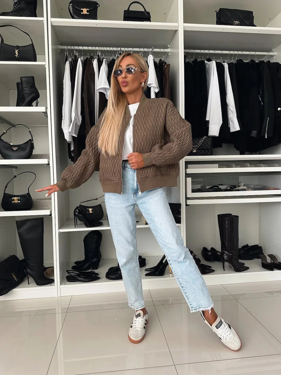 Women's Zip-Front Quilted Bomber Jacket with Ribbed Details