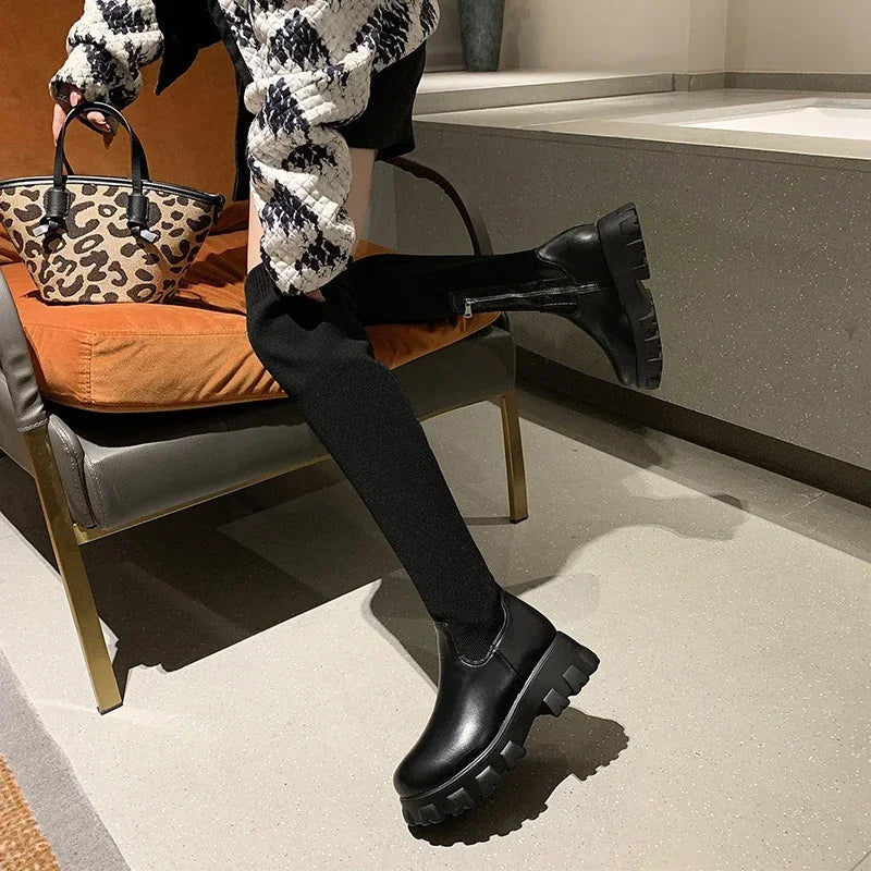 Women's Stretch Fit Knee-High Boots with Chunky Lug Sole and Side Zipper
