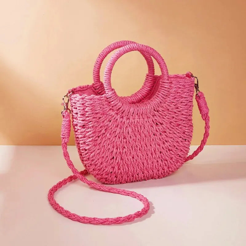 Half-Moon Shaped Women's Straw Crossbody Bag with Top Handles