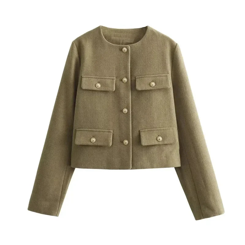 Women's Long Sleeve Round Neck Cropped Bomber Jacket