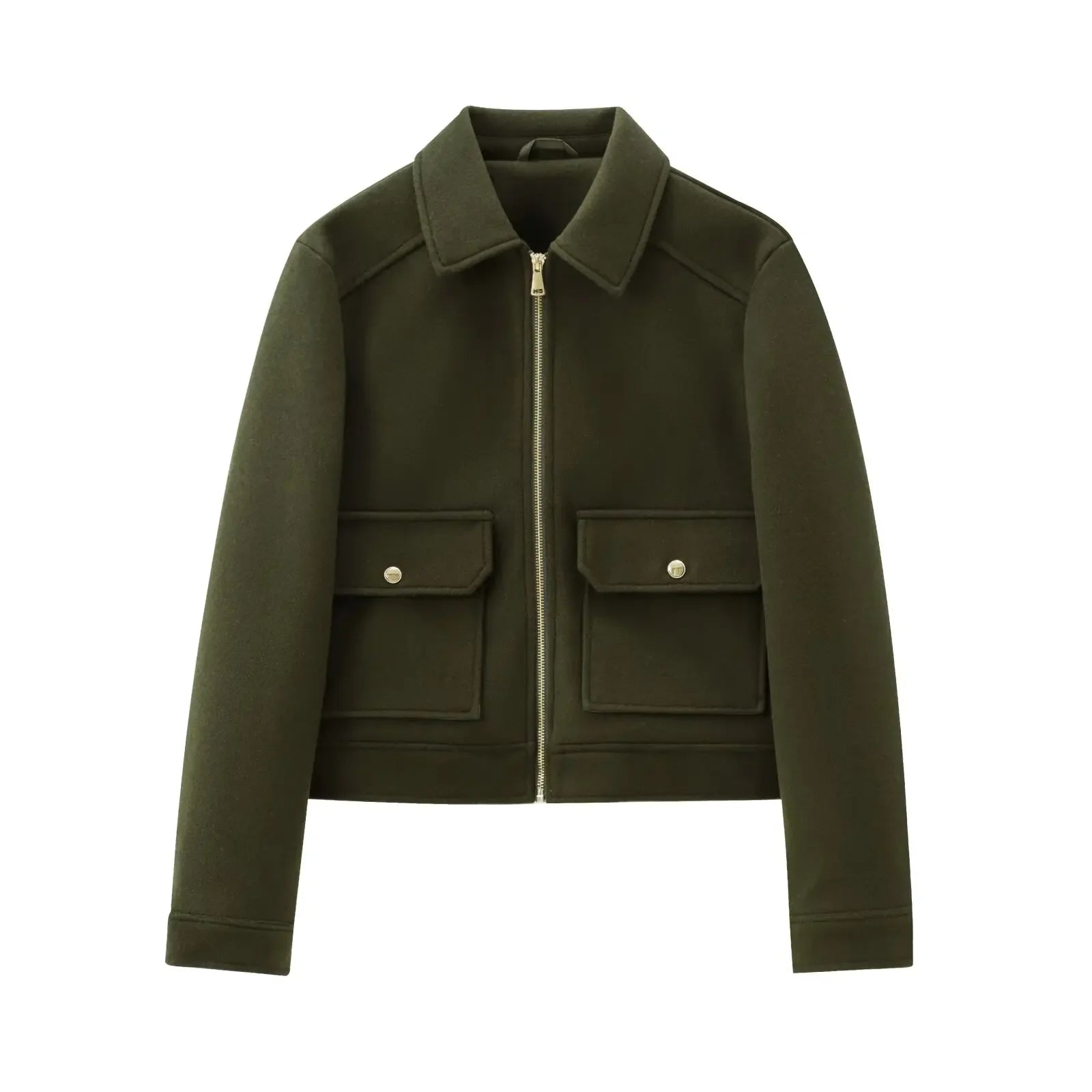 Women's Zip-Front Bomber Jacket with Short Lapels and Flap Pockets