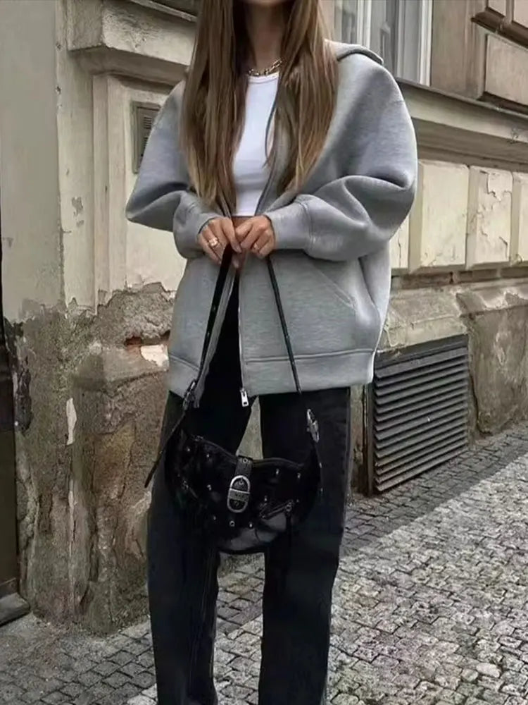 Women's Loose-Fit Zip-Up Hoodie with Drawstring Hood and Pockets