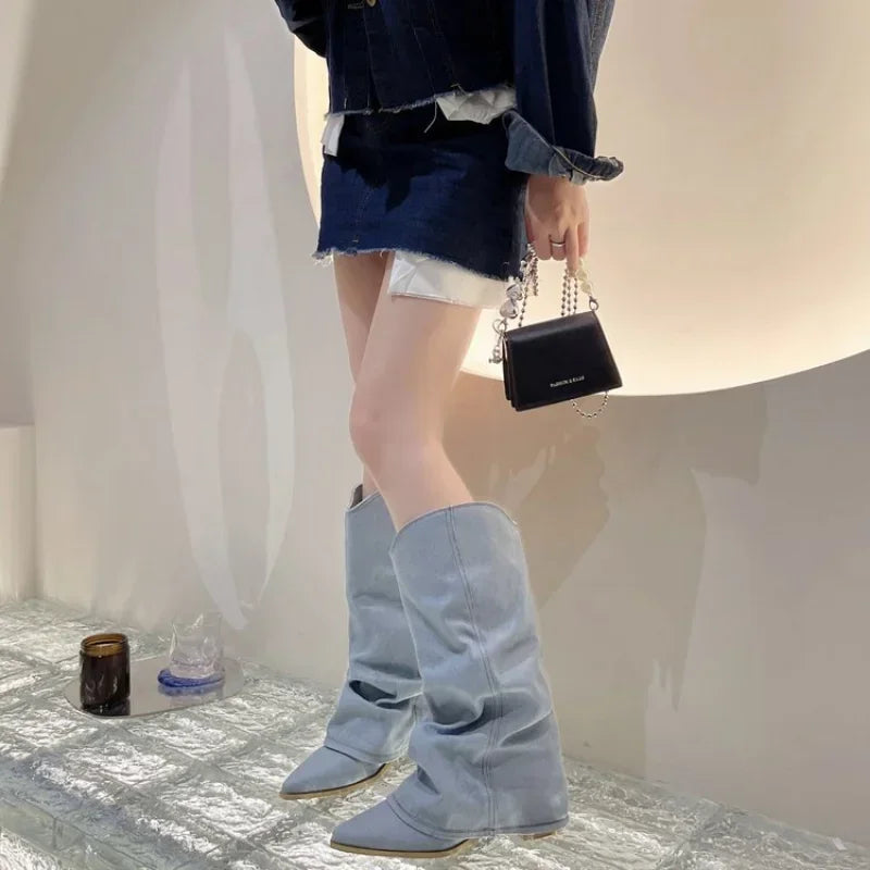 Women's Pleated Western Knee-High Boots with Pointed Toe and Heels