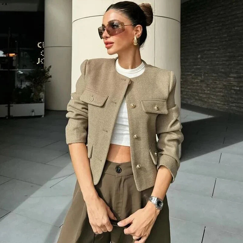 Women's Long Sleeve Round Neck Cropped Bomber Jacket
