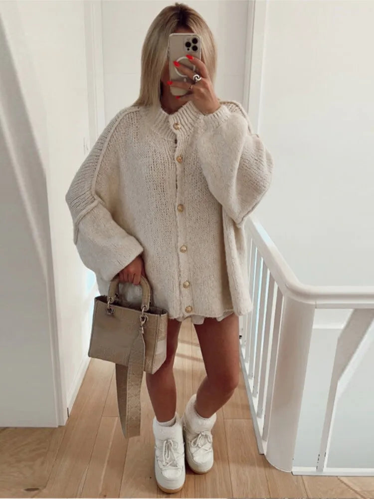 Women's Ribbed Neckline and Cuffs Knit Button Cardigan