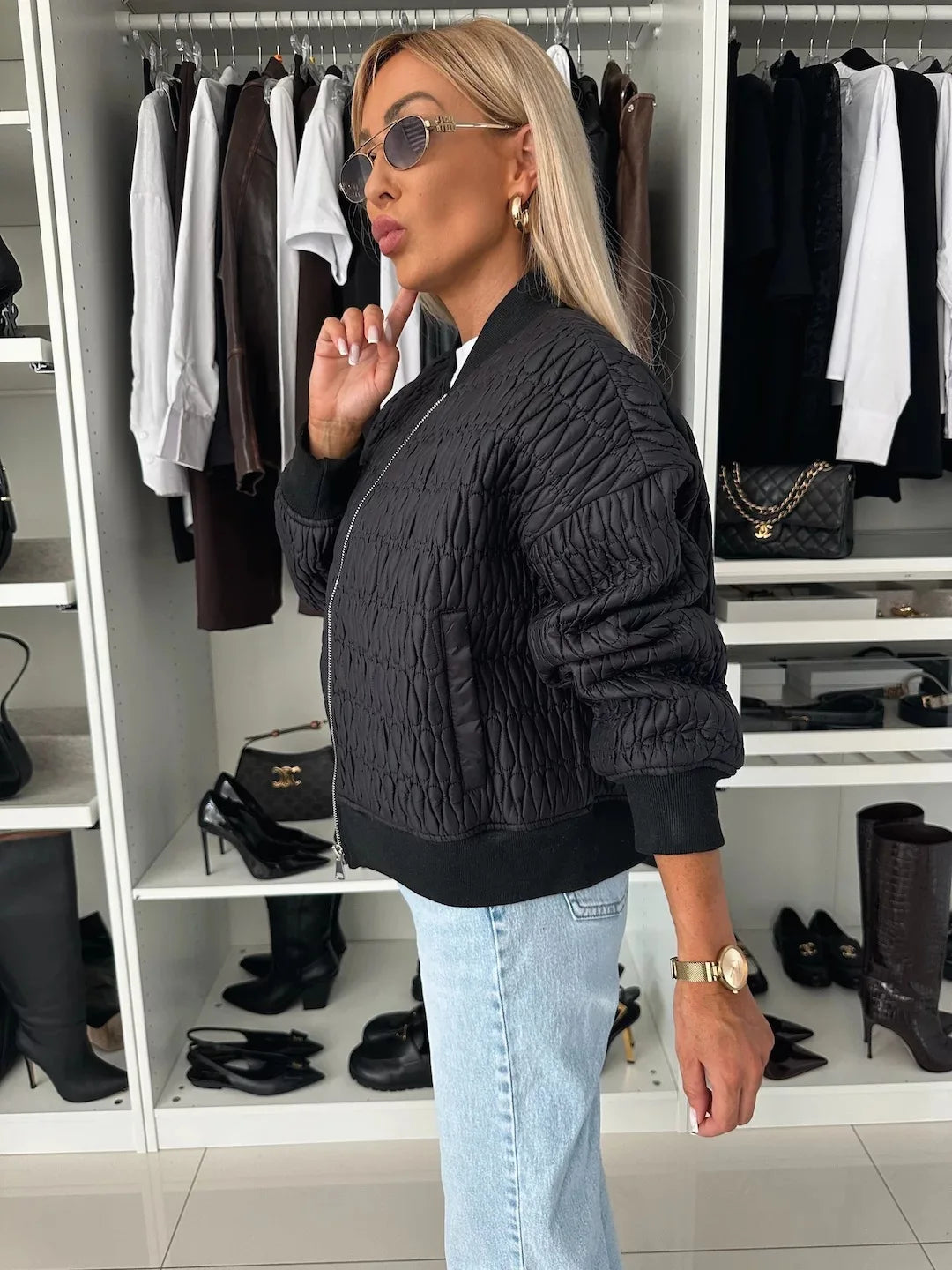 Women's Zip-Front Quilted Bomber Jacket with Ribbed Details