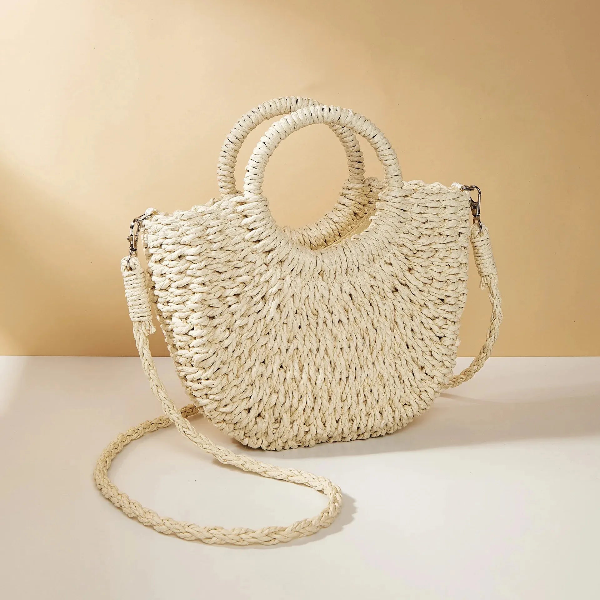 Half-Moon Shaped Women's Straw Crossbody Bag with Top Handles