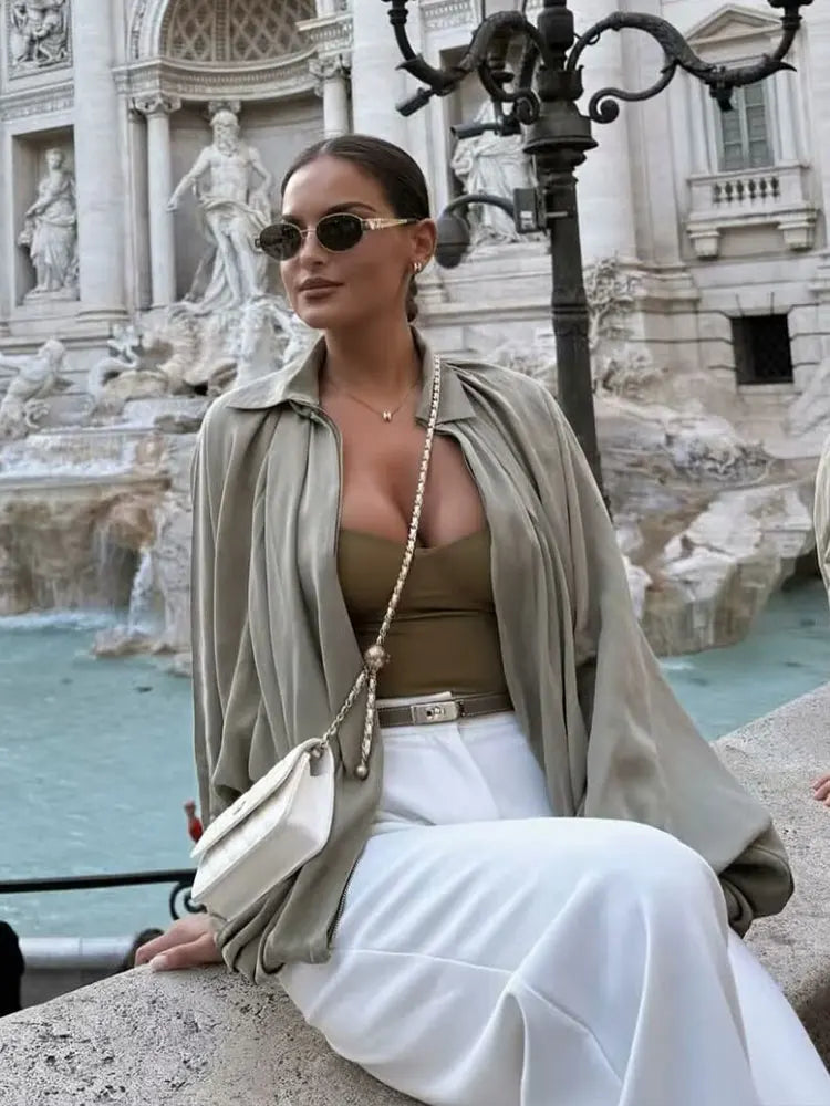 Women's Oversized Bomber Jacket with Long Puff Sleeves and Zip Closure