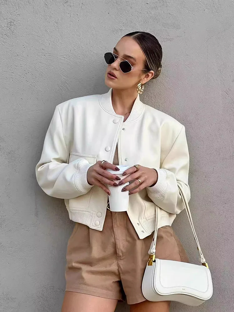 Casual Women's Bomber Jacket Featuring Front Buttons and Flap Pockets