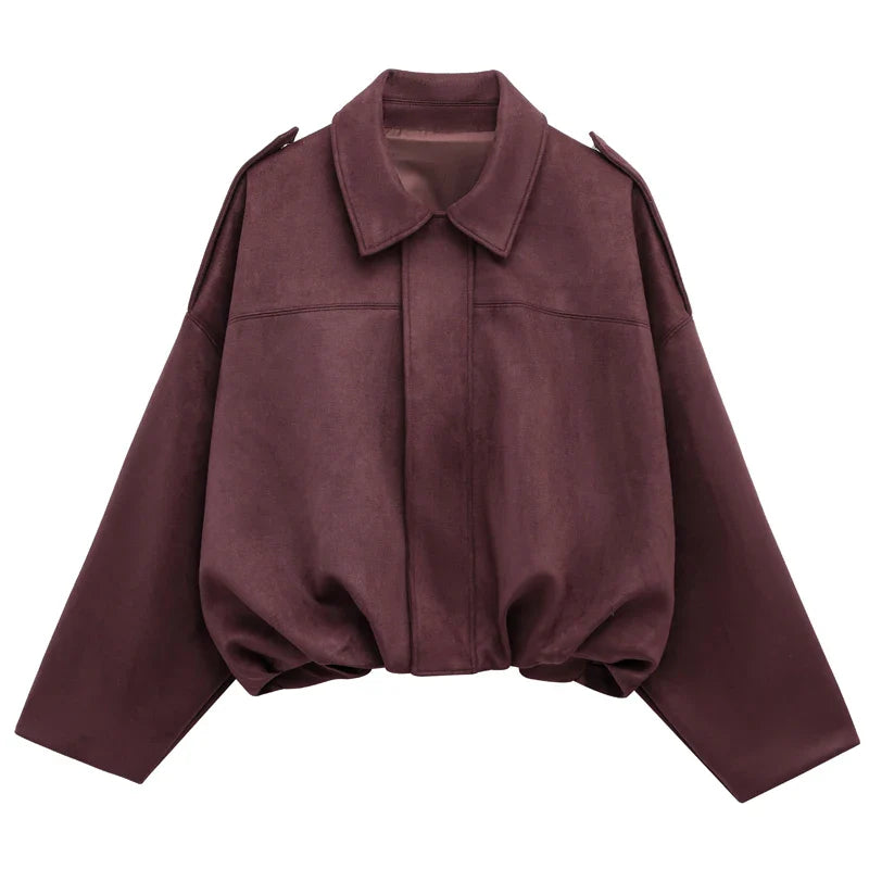 Lapel-Collared Cropped Bomber Jacket for Women with Zip Closure