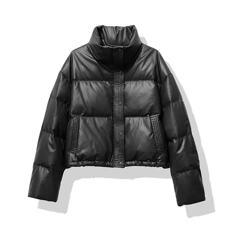 Women's Quilted Puffer Jacket with Mock Neck and Short Style