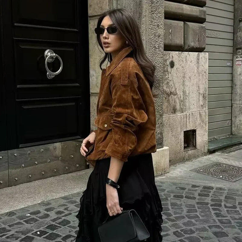 Women's Bomber Jacket in Streetwear Style with Snap Buttons and Flap Pockets