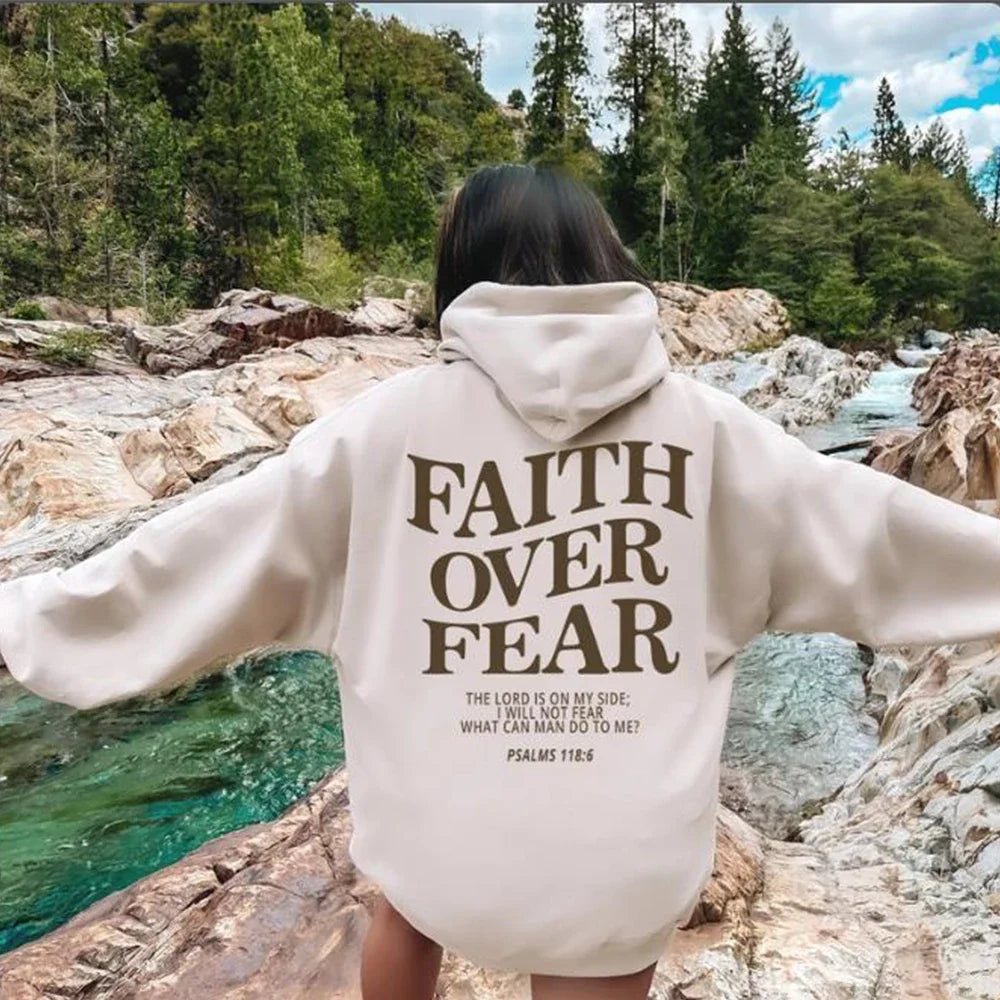 Faith Over Fear Bible Verse Printed Oversized Hoodie for Women
