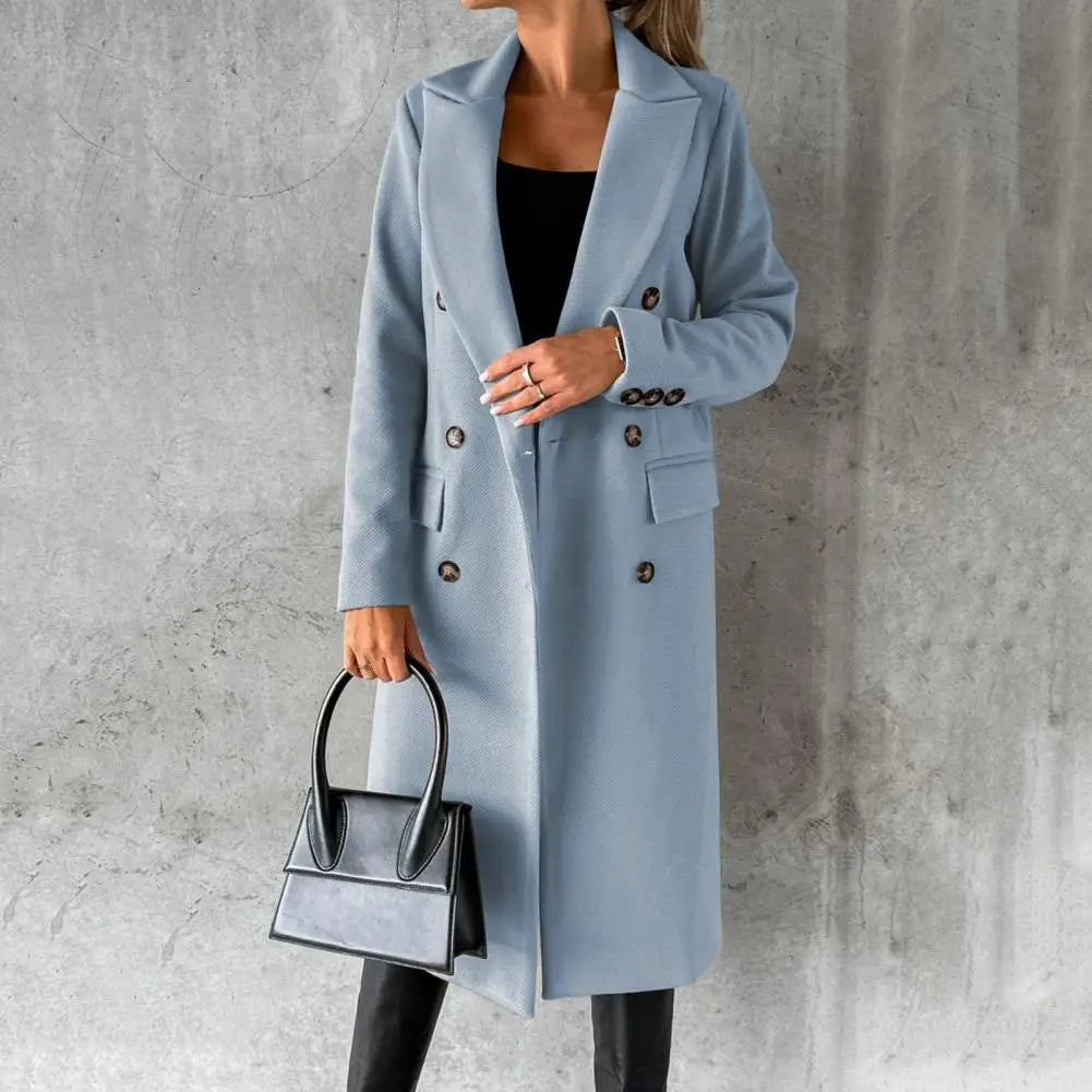 Double-Breasted Long Trench Coat for Women with Buttoned Cuffs