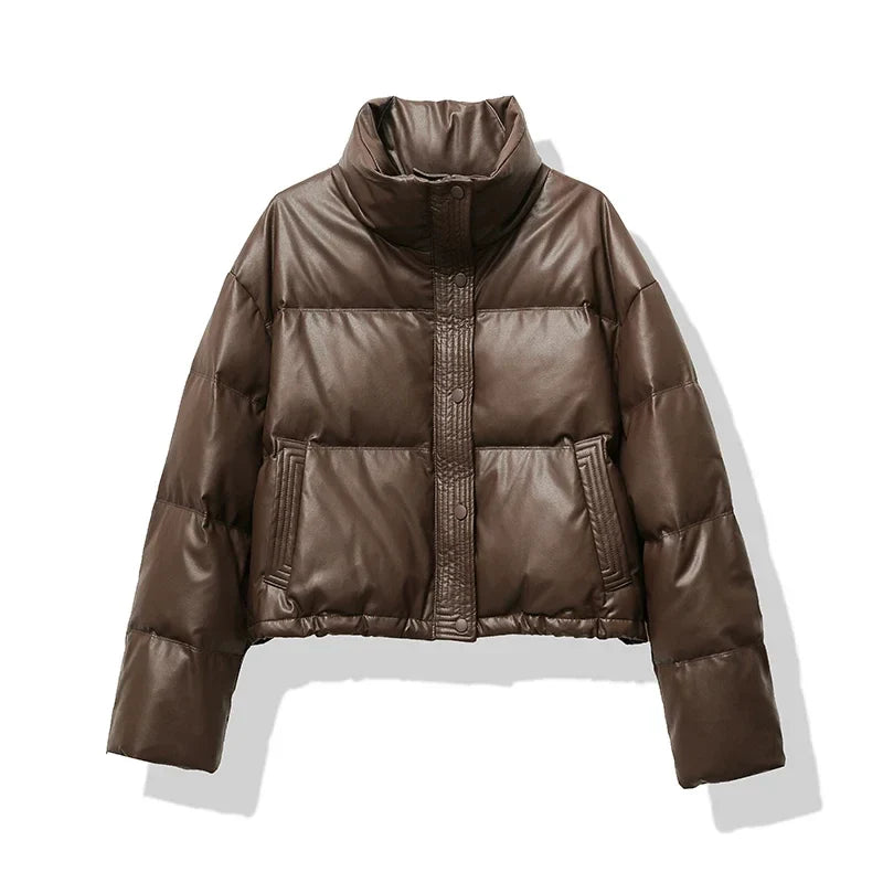 Women's Quilted Puffer Jacket with Mock Neck and Short Style